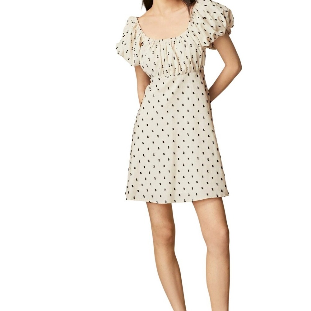Sim & Sam Cream Black Clipped Dot Puff Sleeve Smocked Boho Mini Dress XS NWT $68